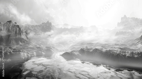 Panoramic view of a surreal, misty landscape in stunning grayscale tones
