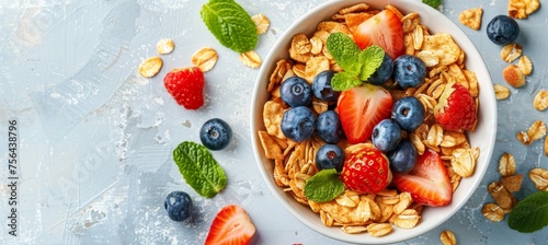 American breakfast cornflakes with berries and honey on bright white background with copy space