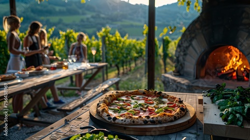 Outdoor dining experience with wood-fired pizza in a vineyard. friends gather on a sunny day. casual eating, rustic style, foodie adventure. AI photo