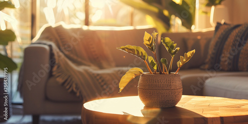 Sunny living room with sofa and house plant on the table