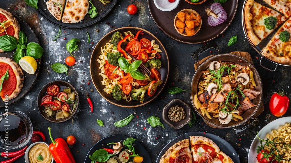 table top view with vegetables and meat based suses and meals