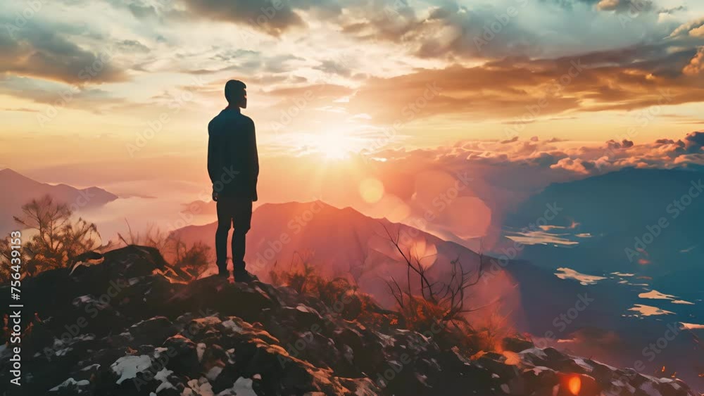 Silhouette of man stand and feel happy on the most hight at stand on sunset, success, leader, teamwork, target, Aim, confident, achievement, goal, on plan, finish Silhouette of man stand and feel happy on the most hight at stand on sunset, success, leader, teamwork, target, Aim, confident, achievement, goal, on plan, finish