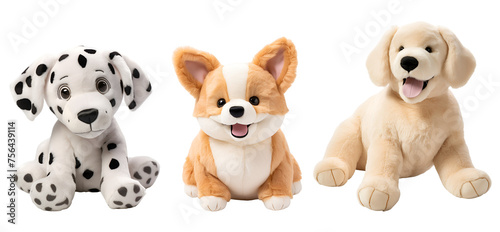 Colorful Corgi and Dalmatian Dogs as Stuffed Animal Toys  A Cartoon 3D Illustration Set  Isolated on Transparent Background  PNG