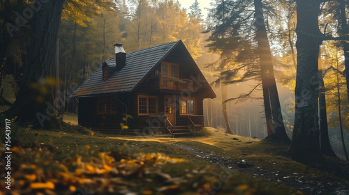 Cozy little woodhouse in the midle of the forest in the morning light