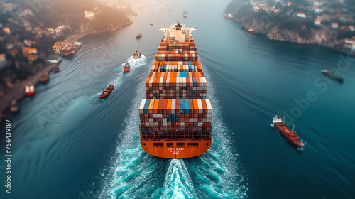 Aerial top view of cargo maritime ship with contrail in the ocean ship carrying container and running for export concept technology freight shipping by ship forwarder mast