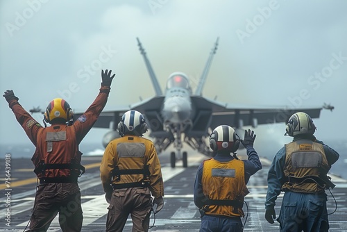 Deck crew signaling clear communications to F-16 on aircraft carrier photo