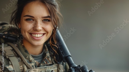 Confident female soldier smiling with rifle on a clear background in uniform