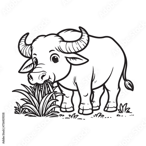 Line art of buffalo eating grass cartoon vector