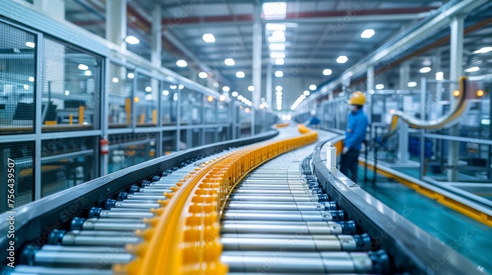 Worker overseeing automated machinery and products on an industrial conveyor line