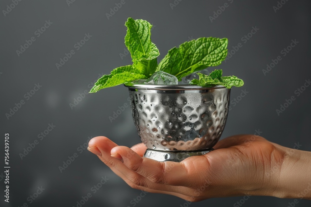 Hand holding a classic Mint Julep in a silver cup with fresh mint garnish - obrazy, fototapety, plakaty 