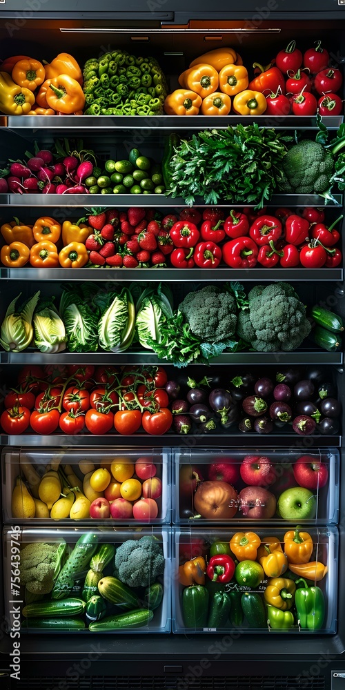 Colorful array of fresh vegetables and fruits in a fridge. organized shelves of healthy food. vibrant refrigerator interior with assorted produce. perfect for nutrition concepts. AI