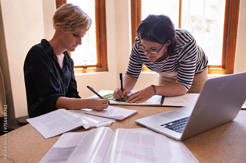 Fototapeta premium Business women, meeting and collaboration with remote work and creativity with design pattern in startup agency. Teamwork, entrepreneur and drawing in home office and brainstorming on fashion trend