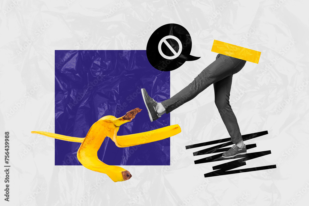Composite photo collage of human leg kick banana peel waste pollution rubbish save care environment isolated on painted background