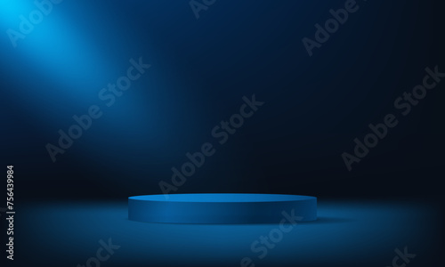 Dark Blue cylinder pedestal podium. Abstract studio room platform design. Empty room with spotlight effect. Use for product display presentation, cosmetic display mockup, showcase, media banner, etc.
