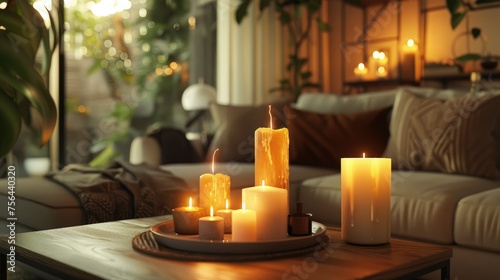 "Candlelit Coziness: Detailed 3D Render of a Warm Living Room Setting"