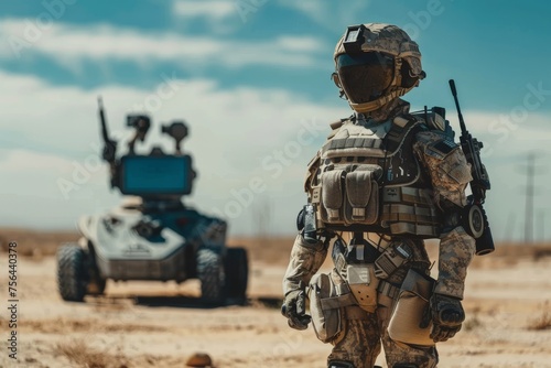 Marine conducting robotic equipment maintenance in a desert setting