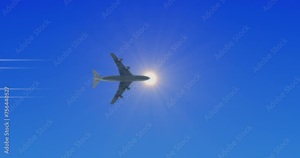 Airplane flies in a clear blue sky against bright midday sun. Bottom of modern aircraft with contrails in flight Airplane flies in a clear blue sky against bright midday sun. Bottom of modern aircraft with contrails in flight
