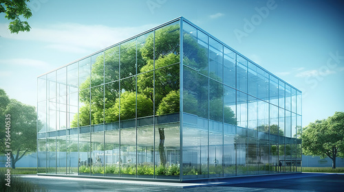 glass building with trees reflection
