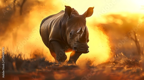 A fiery sunset background with a majestic rhinoceros charging. ideal for nature-themed designs and wildlife representations. captured in a warm, vibrant style. AI