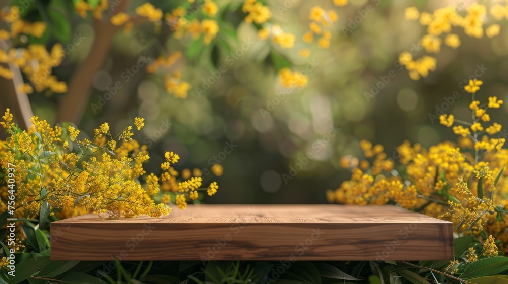 Wood podium for products advertising with yellow flowers on nature.