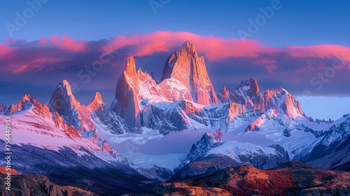 Majestic Sunrise Over Snow-Capped Mountain Peaks with Vivid Blue and Pink Sky Landscape photo