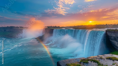 Majestic Sunrise Over Niagara Falls with Radiant Colors and Misty Waterscape photo