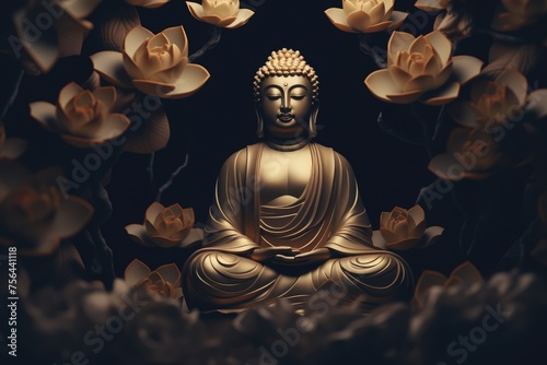 Buddha statue with lotus flowers on black background. Vesak Day, Buddhism, Buddha Jayanti, Buddha's Birthday, Buddha Purnima. Siddhartha Gautama. Meditation, zen. Asian culture and travel concept photo
