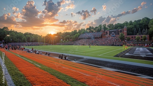 Sunset Over a Bustling High School Football Stadium During a Game