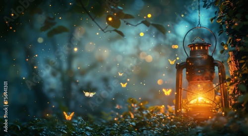 Lantern Illuminating Forest Night