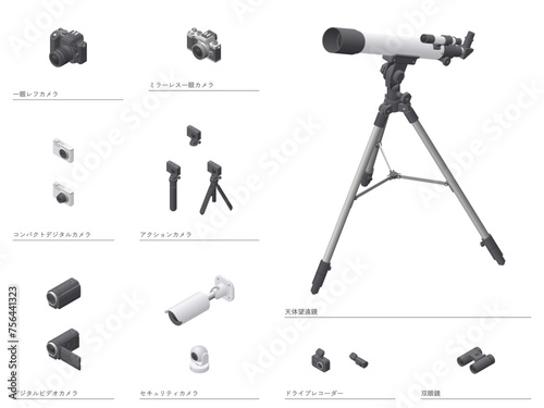 アイソメトリック図法で描いた家電のイラストセット19［撮影・光学機器］ / Set of cameras and optical equipment. Isometric illustration