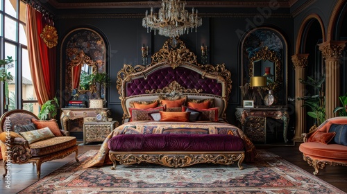 Elegant Bedroom With Bed, Chairs, and Chandelier © olegganko