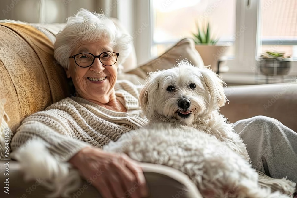 Portrait of a happy senior women sitting in her room at home with her favorite dog on a sunny day, the love and friendship between an elderly person and an animal. Portrait of a happy senior women sitting in her room at home with her favorite dog on a sunny day, the love and friendship between an elderly person and an animal.
