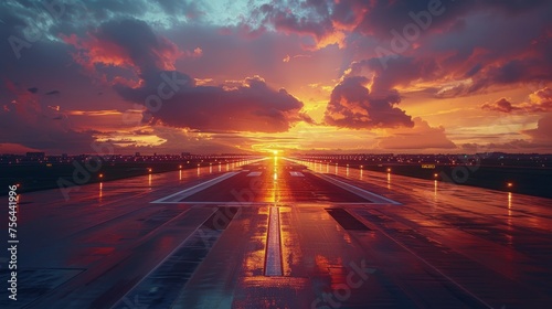 Sun Setting Over Airport Runway