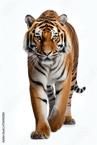 A tiger strides confidently across a stark white background  showcasing its powerful presence and distinctive stripes.