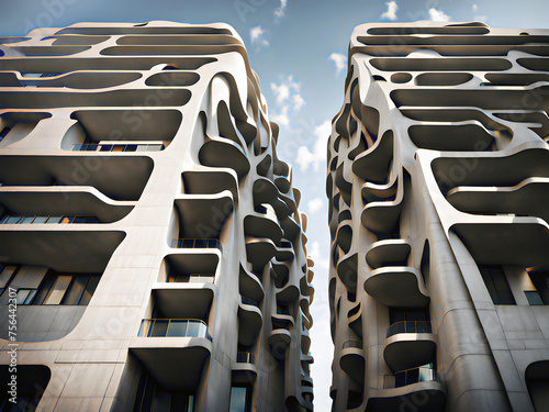 large concrete retro futuristic brutalist apartment building with curved organic design