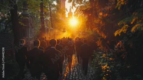Group of People Walking Down Street at Sunset