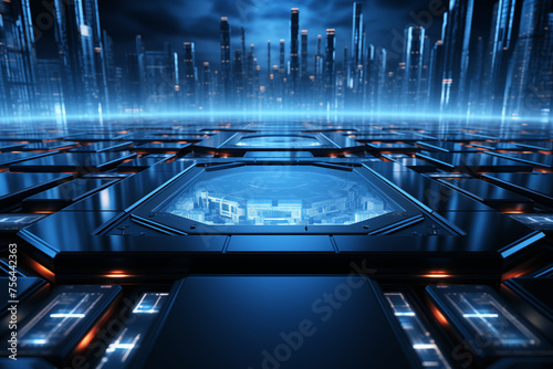 Futuristic technological background with glowing circuit board. 3d rendering