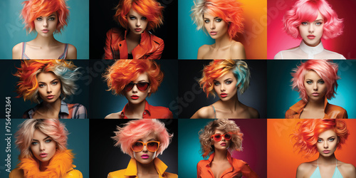 Generative AI photo examples collage. Artificial intelligence photography sample set. Fashion model close-up portrait. A group of women flaunt their diverse colored hair, showcasing a vibrant spectrum © guruXOX