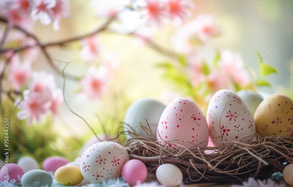 Decorated easter eggs in nest with cherry blossoms background Decorated easter eggs in nest with cherry blossoms background