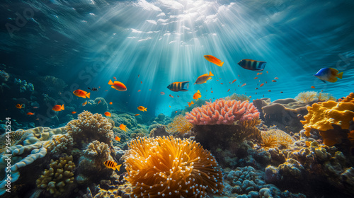 Ethereal sunbeams illuminating a lively coral reef underwater