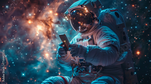 An astronaut uses a smartphone to capture stunning images or communicate in the star-filled expanse of space