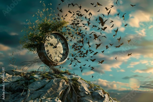 Concept of time passing, clock against dramatic sky background. photo