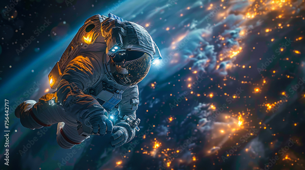 Stunning imagery capturing a weightless astronaut drifting through a swarm of particles in an illuminated galactic environ - obrazy, fototapety, plakaty 