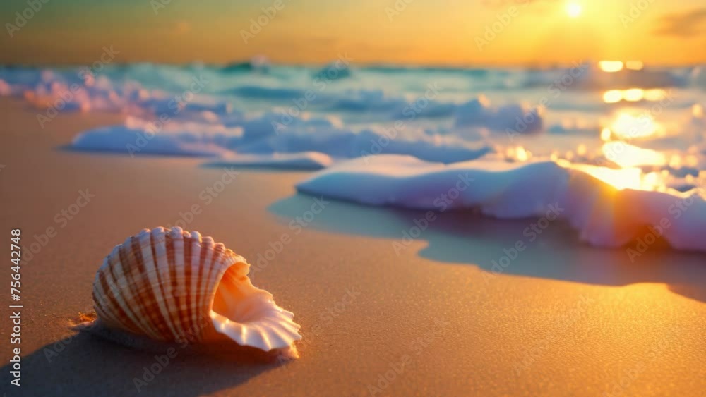 shell on the beach at sunset with waves coming in shell on the beach at sunset with waves coming in
