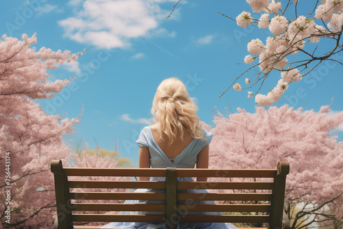 Wallpaper Mural illustration of a woman sitting on bench in spring time park. Created with Generative AI Torontodigital.ca