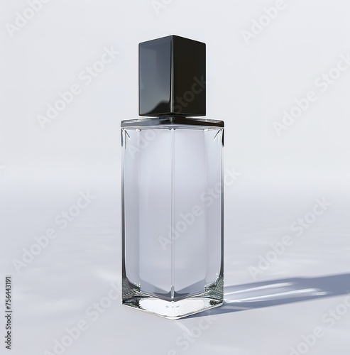 Elegant perfume bottle with black cap, crystal clear glass container showing luxurious aroma