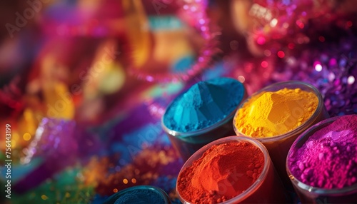 Colorful powders and festive holi decorations, colorful holi decorations, festive ornaments, celebration concept