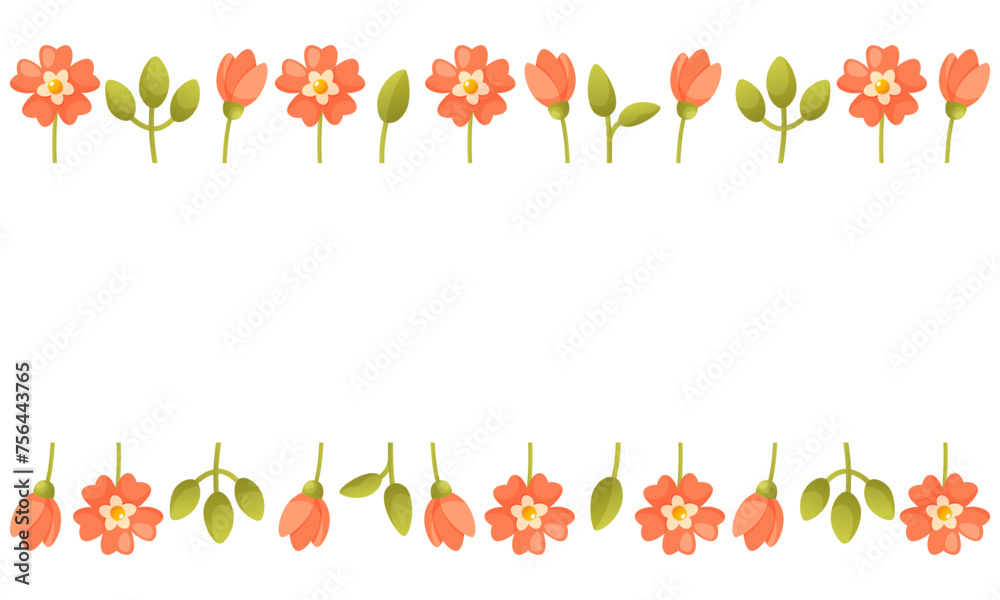 Vector illustration of a floral horizontal frame, border of flowers at the bottom and top. Summer spring flowers and green leaves. Mother's day, love day, wedding, for cards and invitations