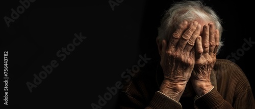 senior man covering his face isolated on black background with copy space. © Nopparat