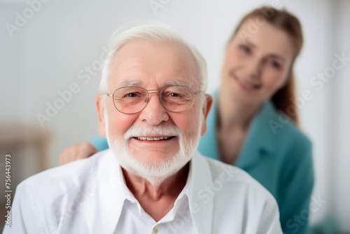 nurse and elderly happy man in a hospital generative AI